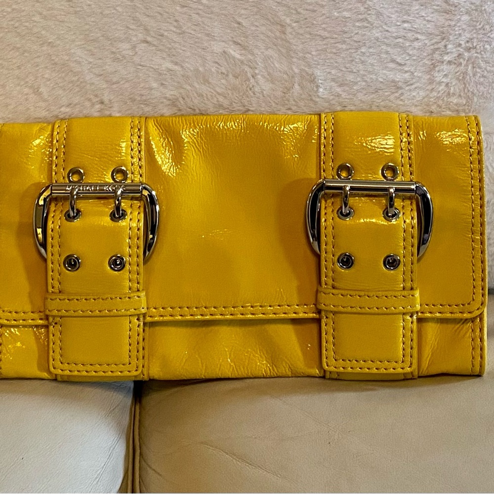 Michael Kors Patent Leather Clutch Yellow, Silver Accents. Excellent Condition